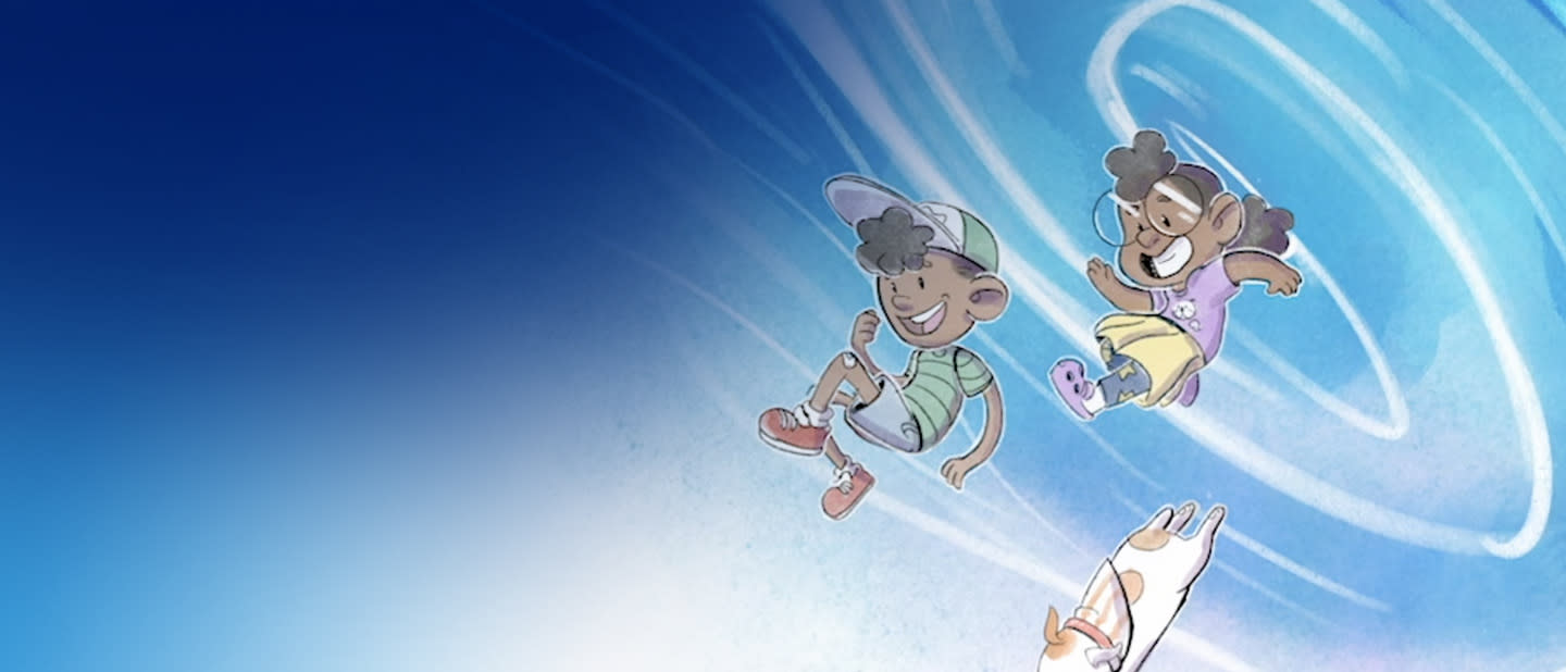 Illustration d’enfants et d’un chien s’élançant dans le ciel.