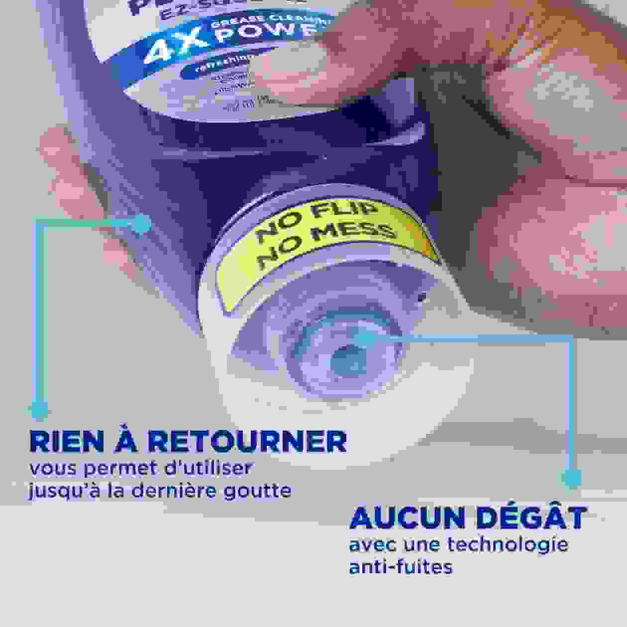 RIEN À RETOURNER vous permet d’utiliser  jusqu’à la dernière goutte; AUCUN DÉGÂT avec une technologie anti-fuites