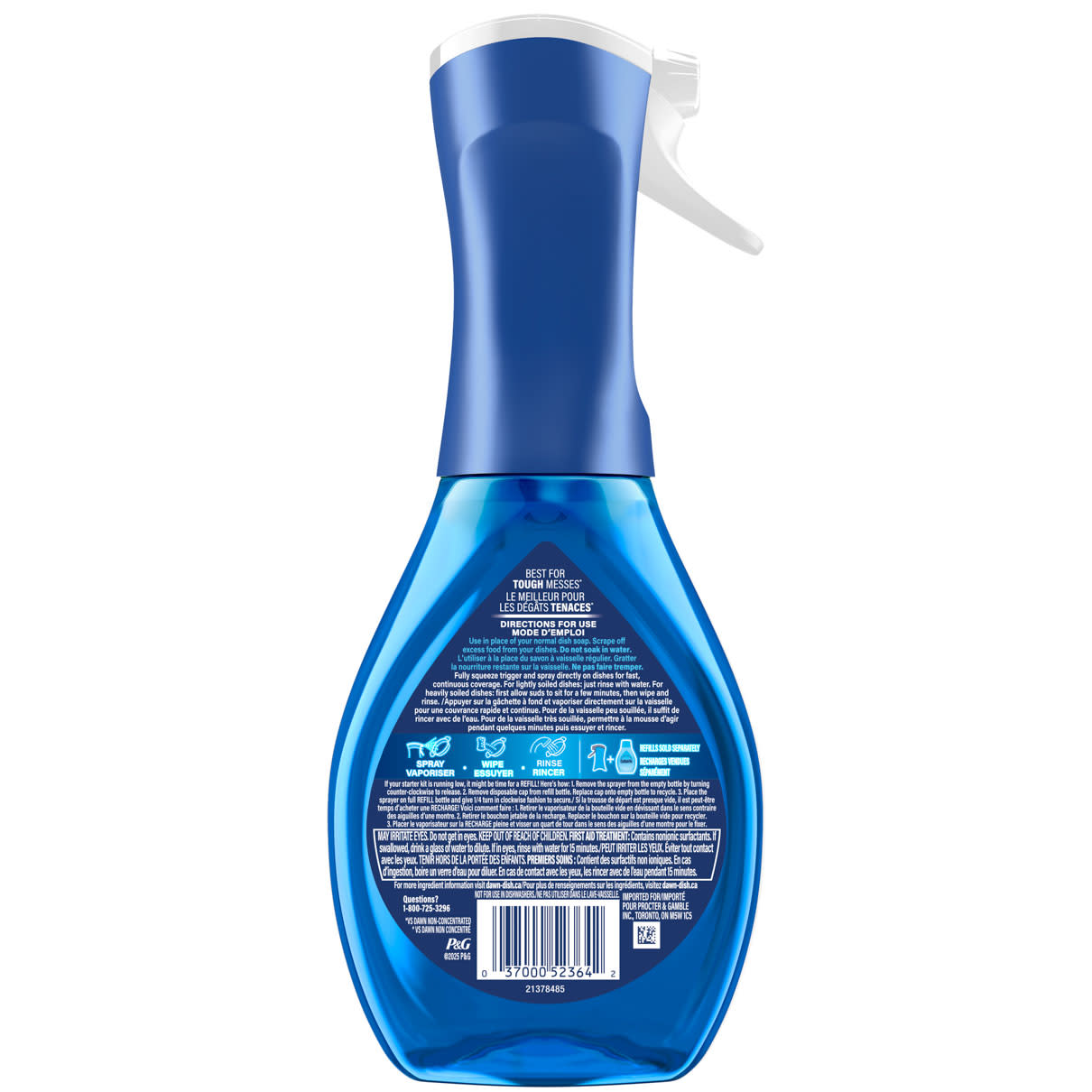 Vue arrière de Vaporisateur à vaisselle Dawn Powerwash, parfum frais - 473mL montrant les instructions d’utilisation et les informations produit sur les étiquettes.  