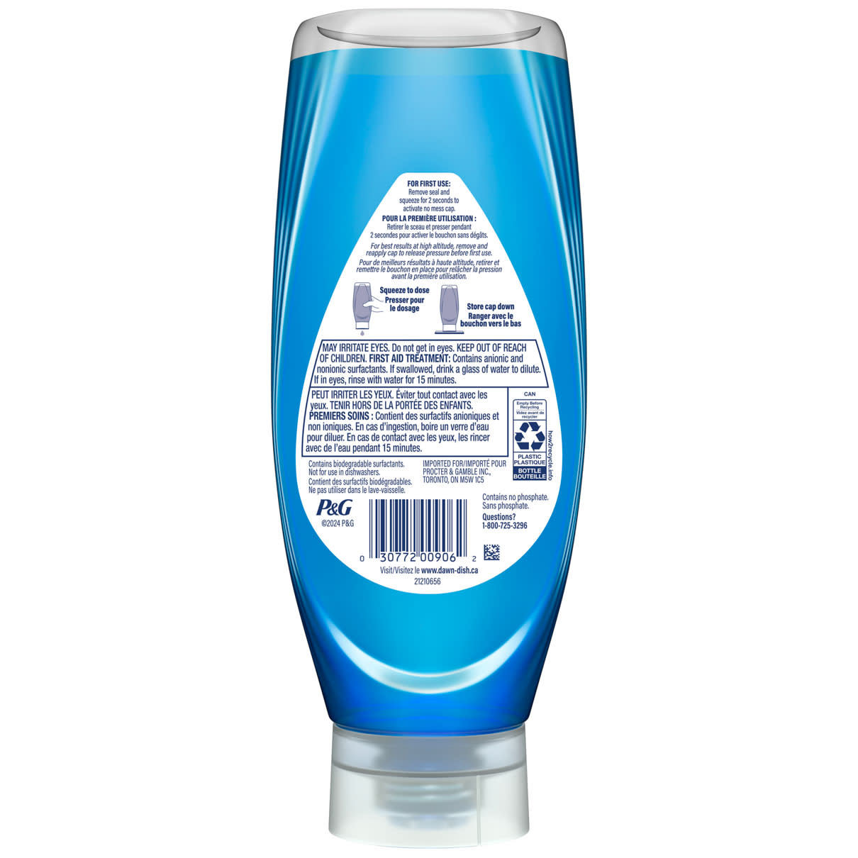 Vue arrière de Savon à vaisselle Dawn Original EZS, parfum de propreté 443ml montrant les instructions d’utilisation et les informations produit sur les étiquettes.  
