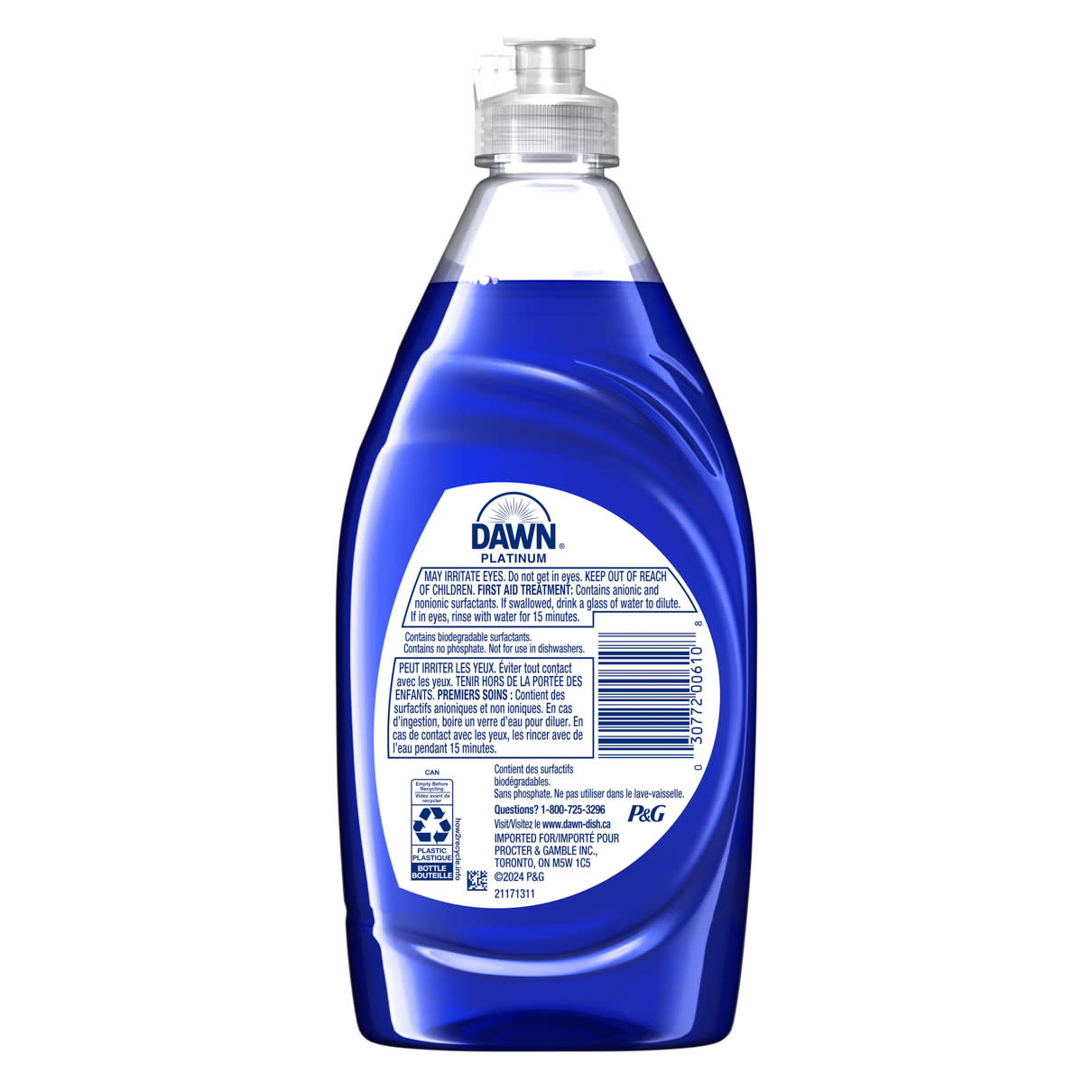 Vue arrière de Savon à vaisselle Dawn Platinum, pluie rafraîchissante montrant les instructions d’utilisation et les informations produit sur les étiquettes.  