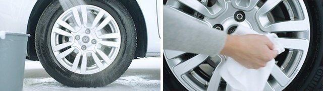 Rinsing tire clean with hose and drying rim with towel