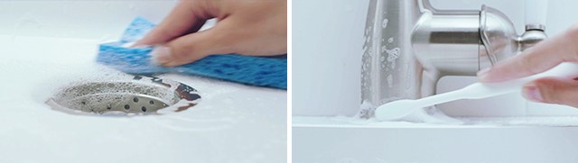 Hand cleaning sink with sponge and hand cleaning around faucet with toothbrush