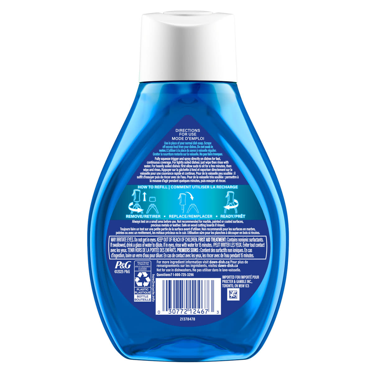 Vue arrière de Vaporisateur à vaisselle Dawn Superlavage, recharge, citron 473ml back montrant les instructions d’utilisation et les informations produit sur les étiquettes.  