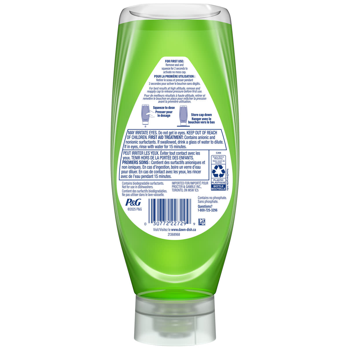 Vue arrière de Savon antibactérien pour les mains Dawn EZS, parfum fleurs de pomme 443ml montrant les instructions d’utilisation et les informations produit sur les étiquettes.