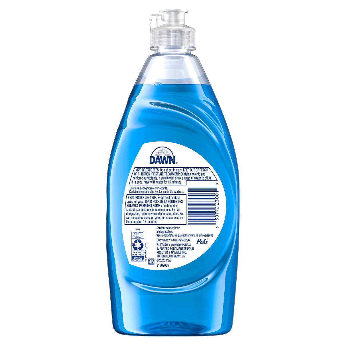 Vue arrière de Savon à vaisselle Dawn Ultra, Champs de fraises montrant les instructions d’utilisation et les informations produit sur les étiquettes.