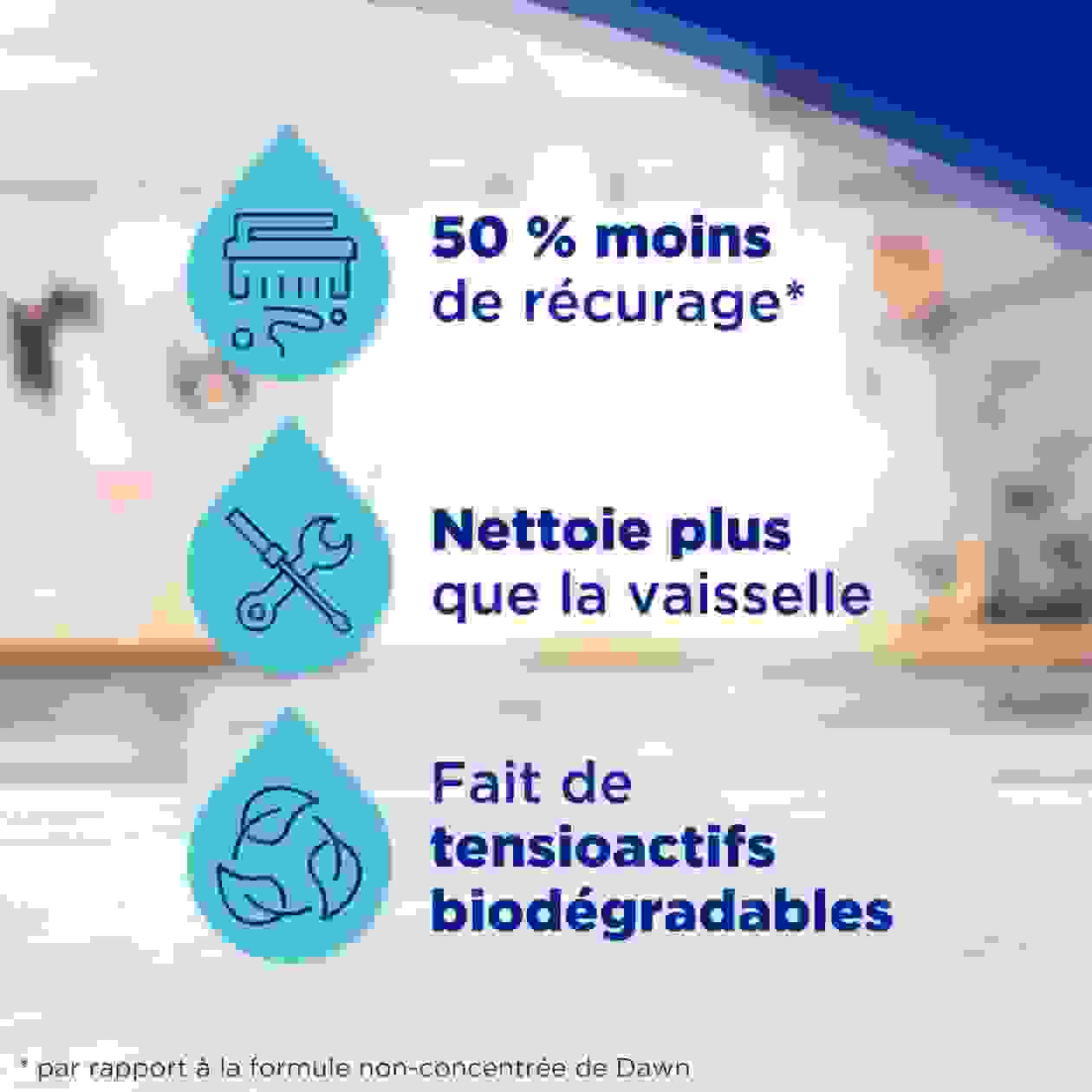 50 % moins de récurage, Nettoie plus que la vaisselle, Fait de tensioactifs biodégradables