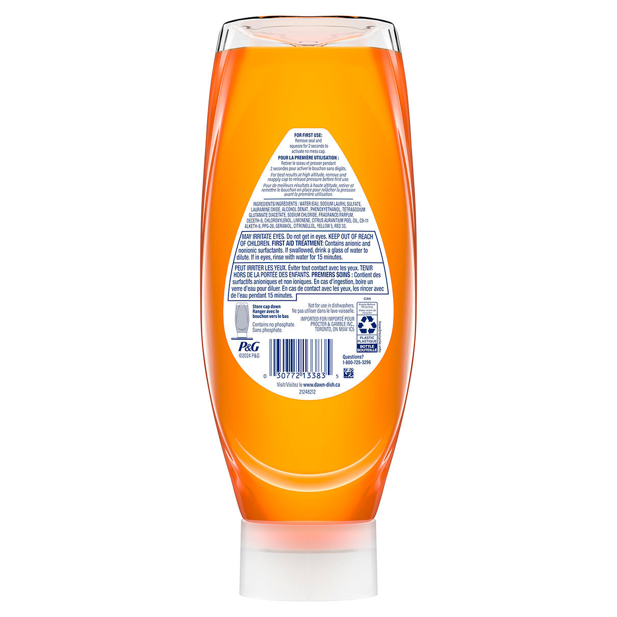 Vue arrière de Savon antibactérien pour les mains Dawn EZ-Squeeze, orange 650ml montrant les instructions d’utilisation et les informations produit sur les étiquettes.