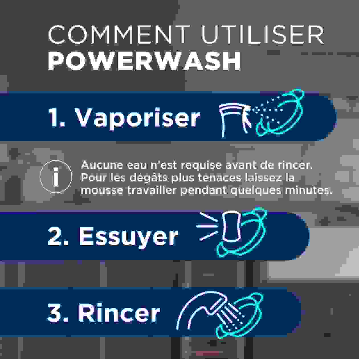 COMMENT UTILISER  POWERWASH  1. Vaporiser, 2. Essuyer,  3. Rincer