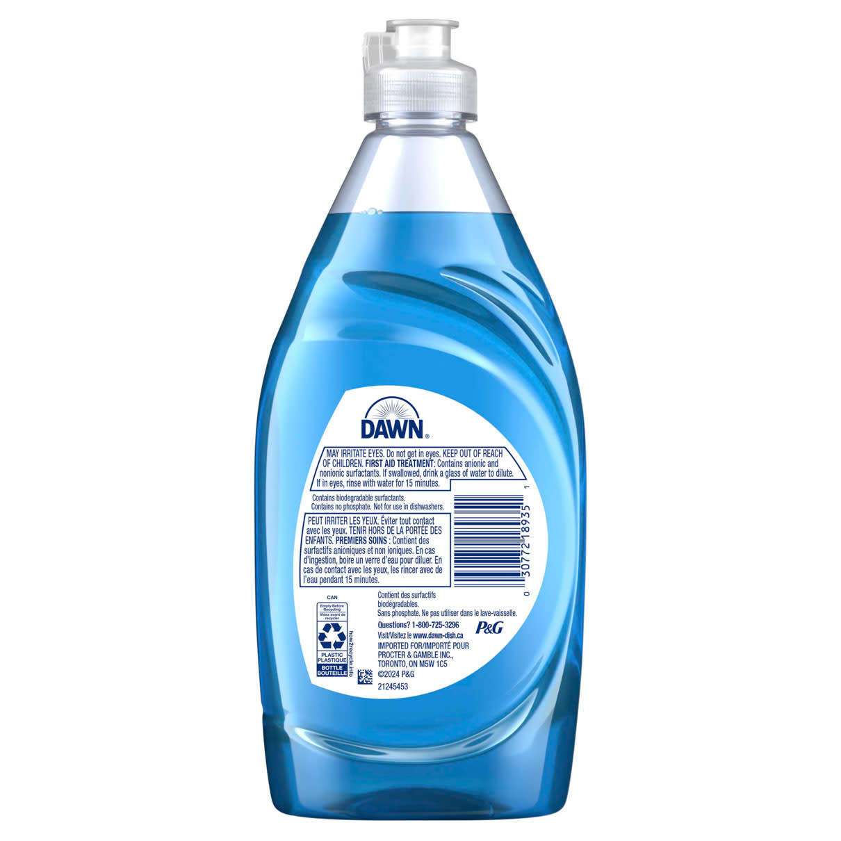 Vue arrière de Savon à vaisselle Dawn Original, parfum de propreté 431 mL montrant les instructions d’utilisation et les informations produit sur les étiquettes.  