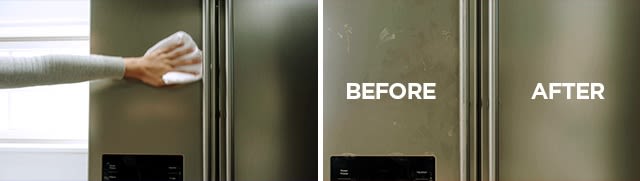 Hand drying Stainless Steel Appliance with paper towel and appliance before and after cleaning comparison