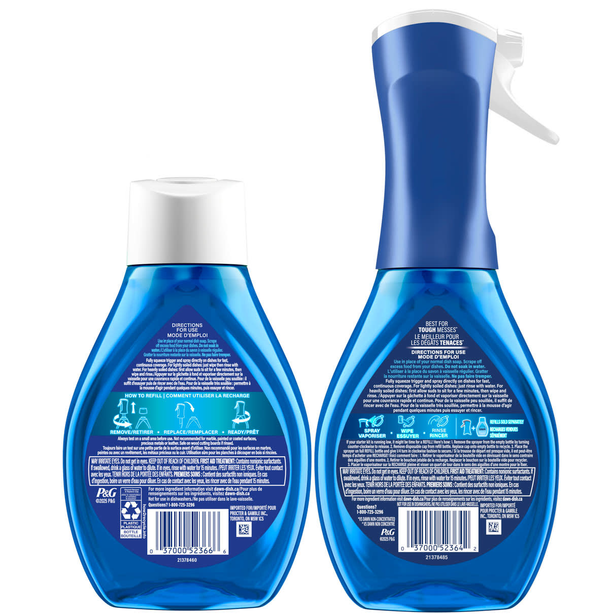 Vue arrière de deux bouteilles bleues de liquide vaisselle Dawn — une bouteille de recharge avec bouchon blanc et un flacon pulvérisateur Powerwash avec gâchette — montrant les instructions d’utilisation et les informations produit sur les étiquettes.