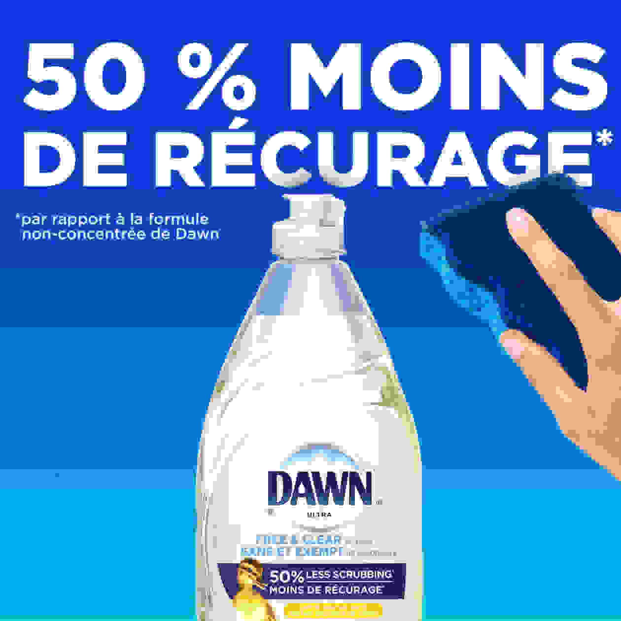 50 % moins de récurage par rapport à la formule non-concentrée de Dawn