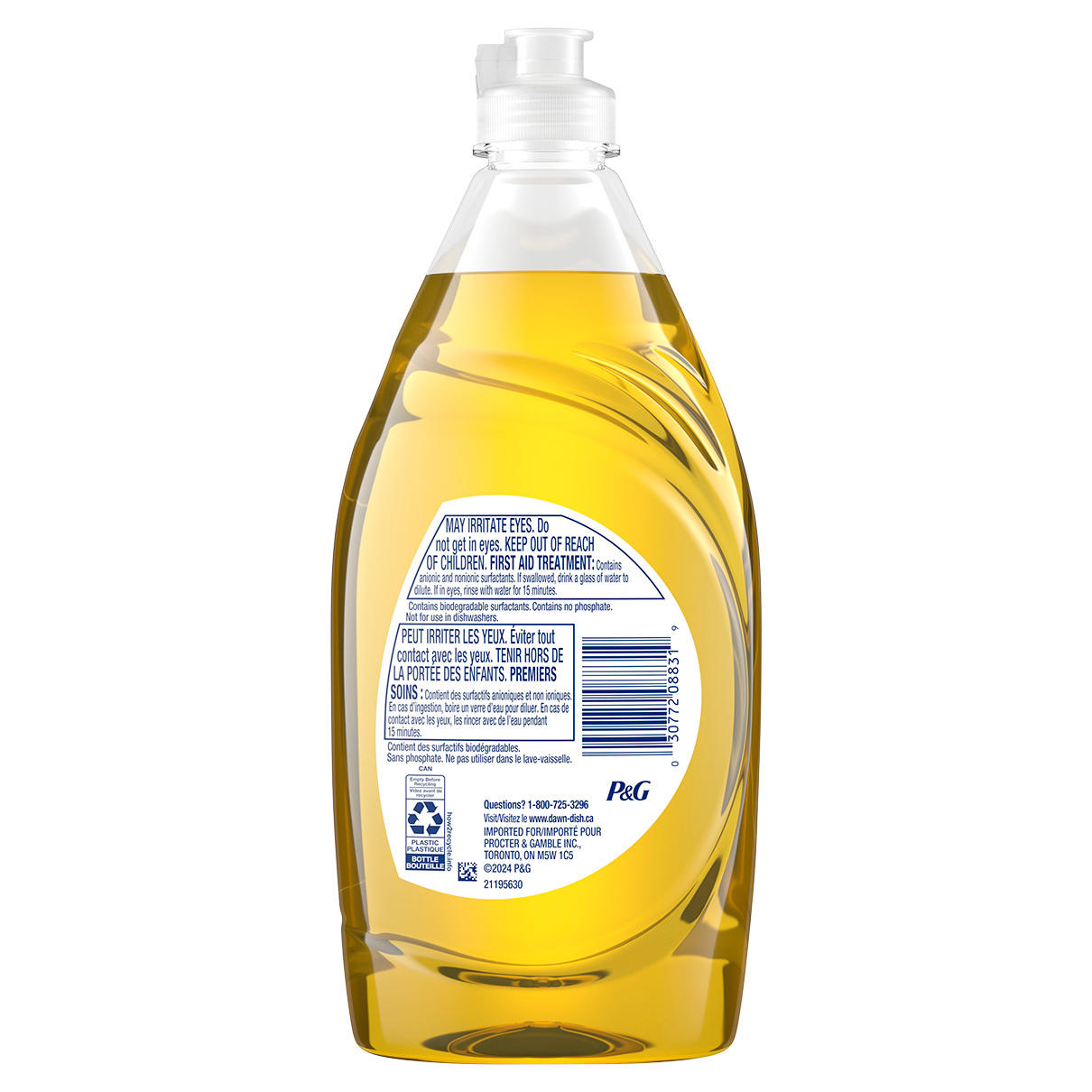 Vue arrière de Savon à vaisselle Dawn Ultra Oxi, liquide à vaisselle, parfum citronné 431mL montrant les instructions d’utilisation et les informations produit sur les étiquettes.  