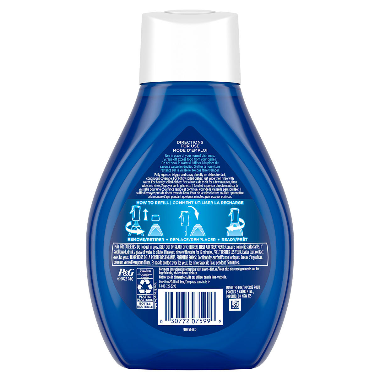 Vue arrière de Recharge de vaporisateur à vaisselle Dawn Powerwash, pomme 473 ml montrant les instructions d’utilisation et les informations produit sur les étiquettes.  