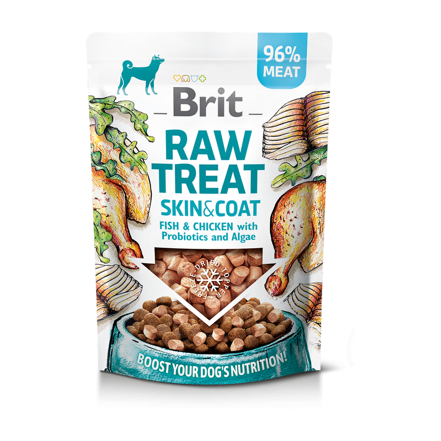 Brit RAW TREAT Skin & Coat. Freeze-dried treat and topper. Fish&Chicken