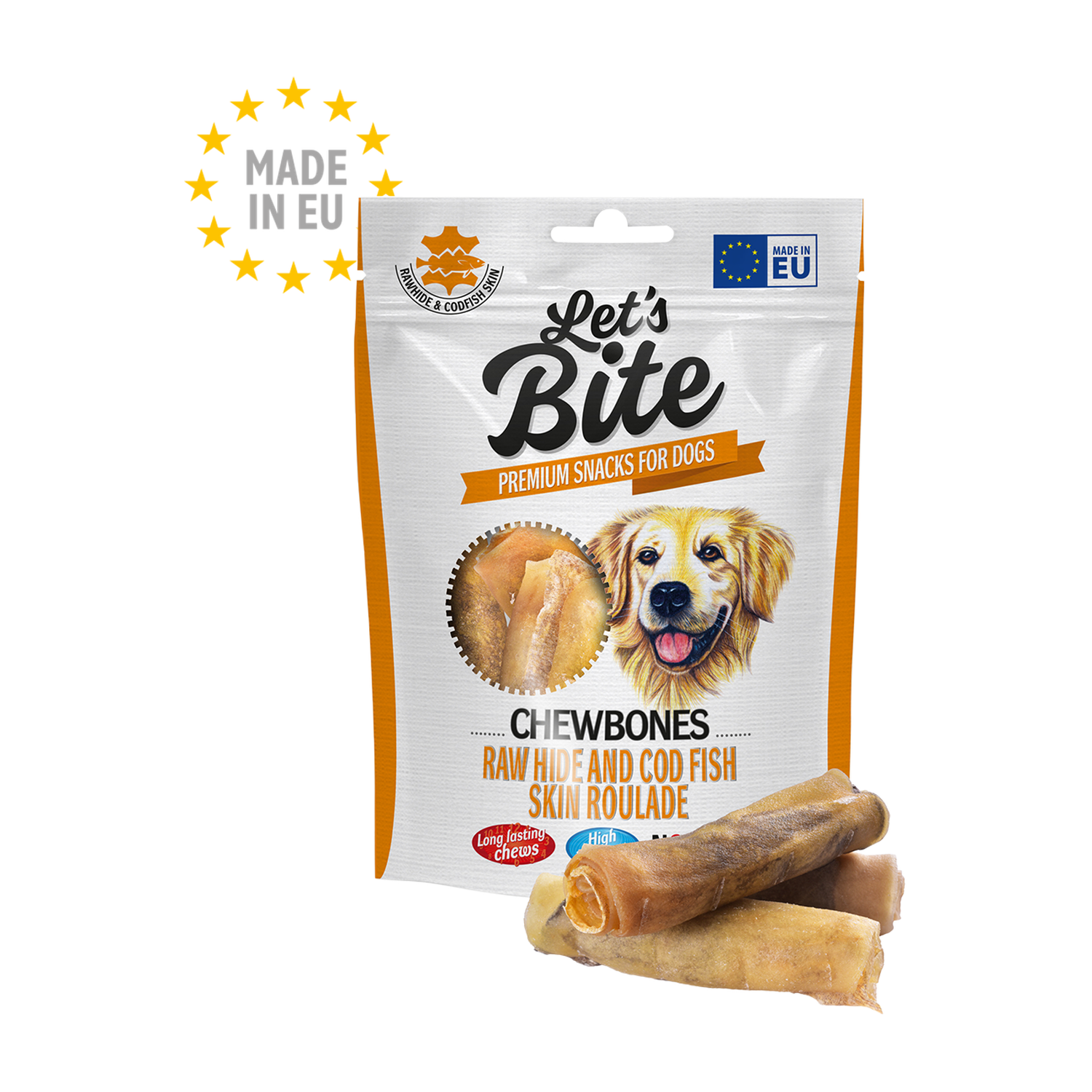 Let’s Bite Chewbones. Raw hide and cod fish skin roulade