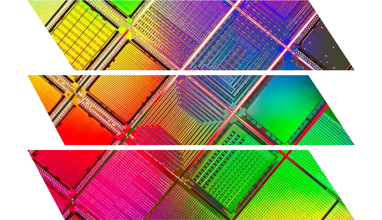 Extreme close-up shot of multi-colored computer silicon wafer