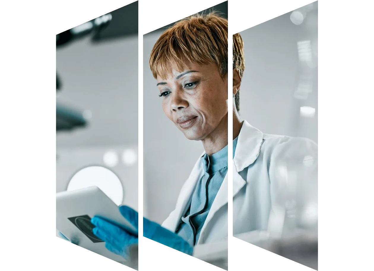 Scientist using digital tech for data analysis, lab study and biotech test