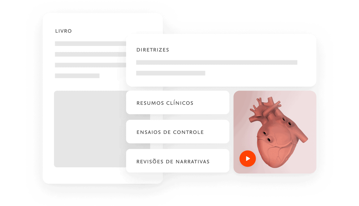 UI illustration showcasing book guidelines, clinical overviews, control trials and narrative reviews