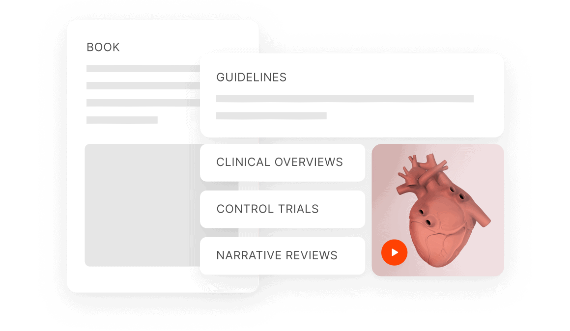 UI illustration showcasing book guidelines, clinical overviews, control trials and narrative reviews