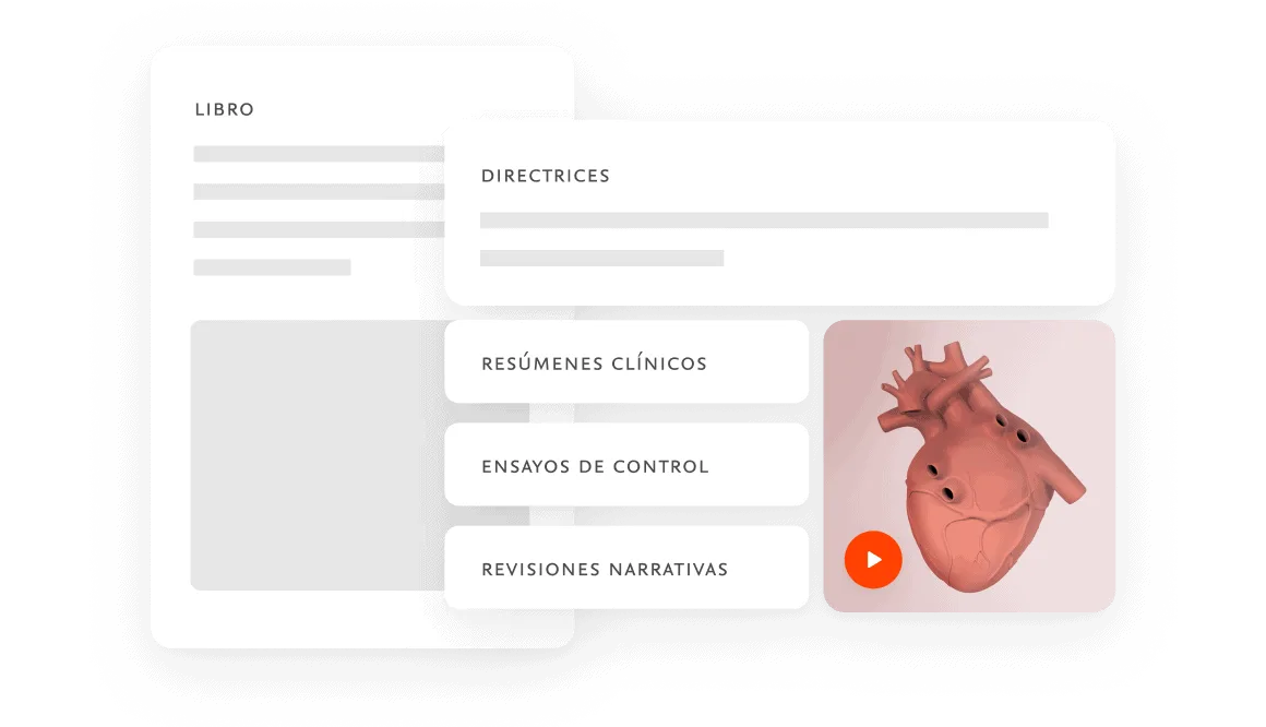 UI illustration showcasing book guidelines, clinical overviews, control trials and narrative reviews