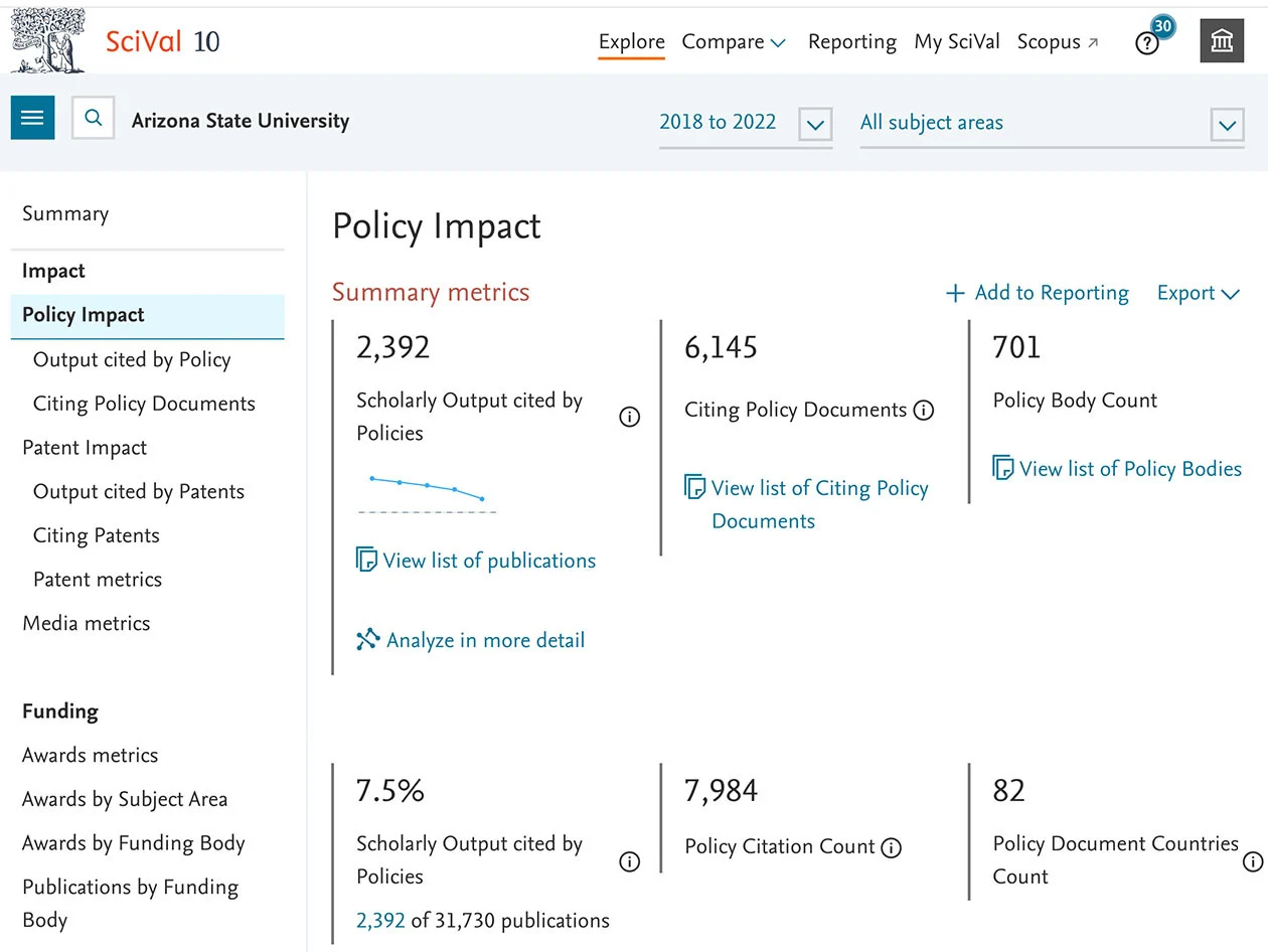 Screenshot of a policy impact in SciVal