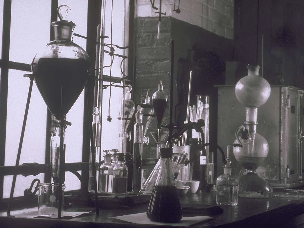 Chemical equipment on table of lab circa 1930s
