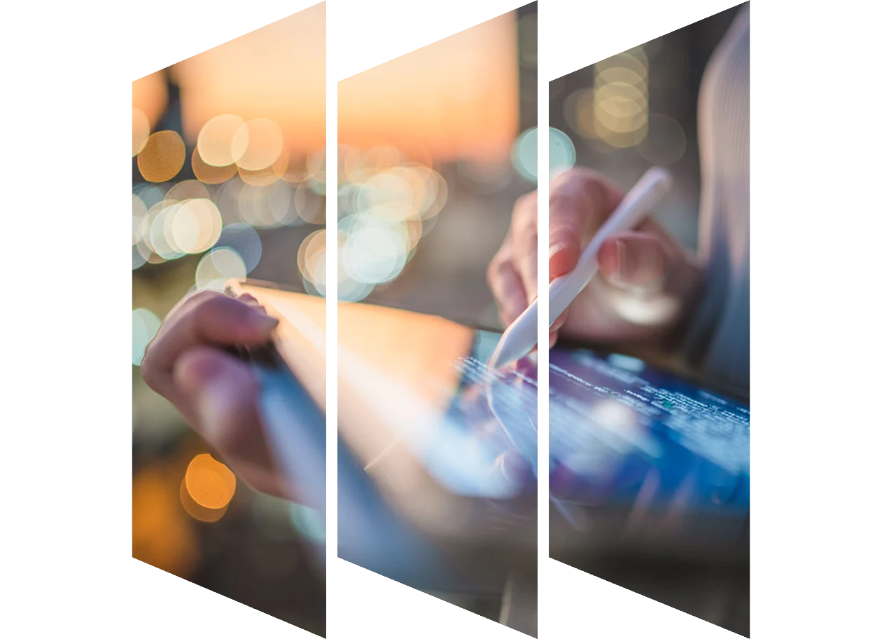 Person using digital tablet with a city skyline in background