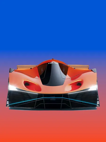 High performance race car on orange and blue background