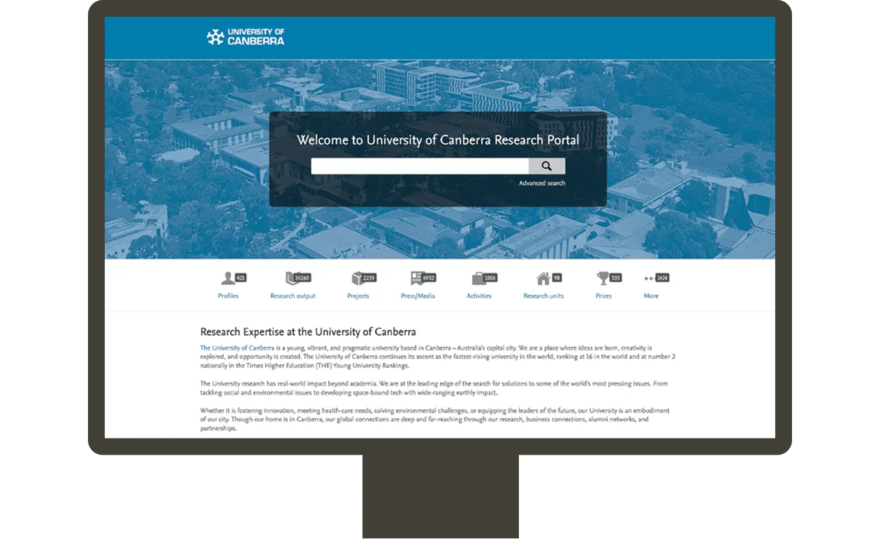 Screenshot of research portal University of Canberra, Australia
