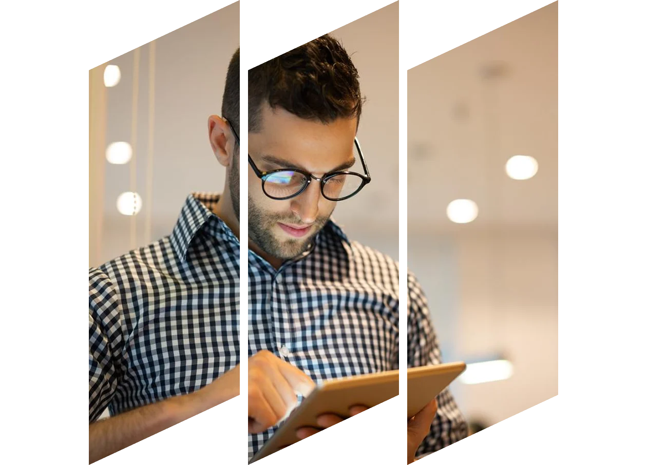 Man works on computer