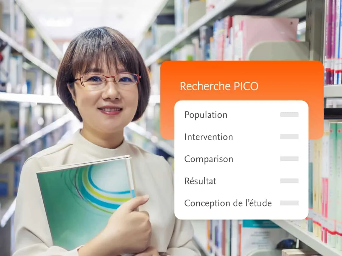 Asian woman in library with overlay of Embase PICO search features