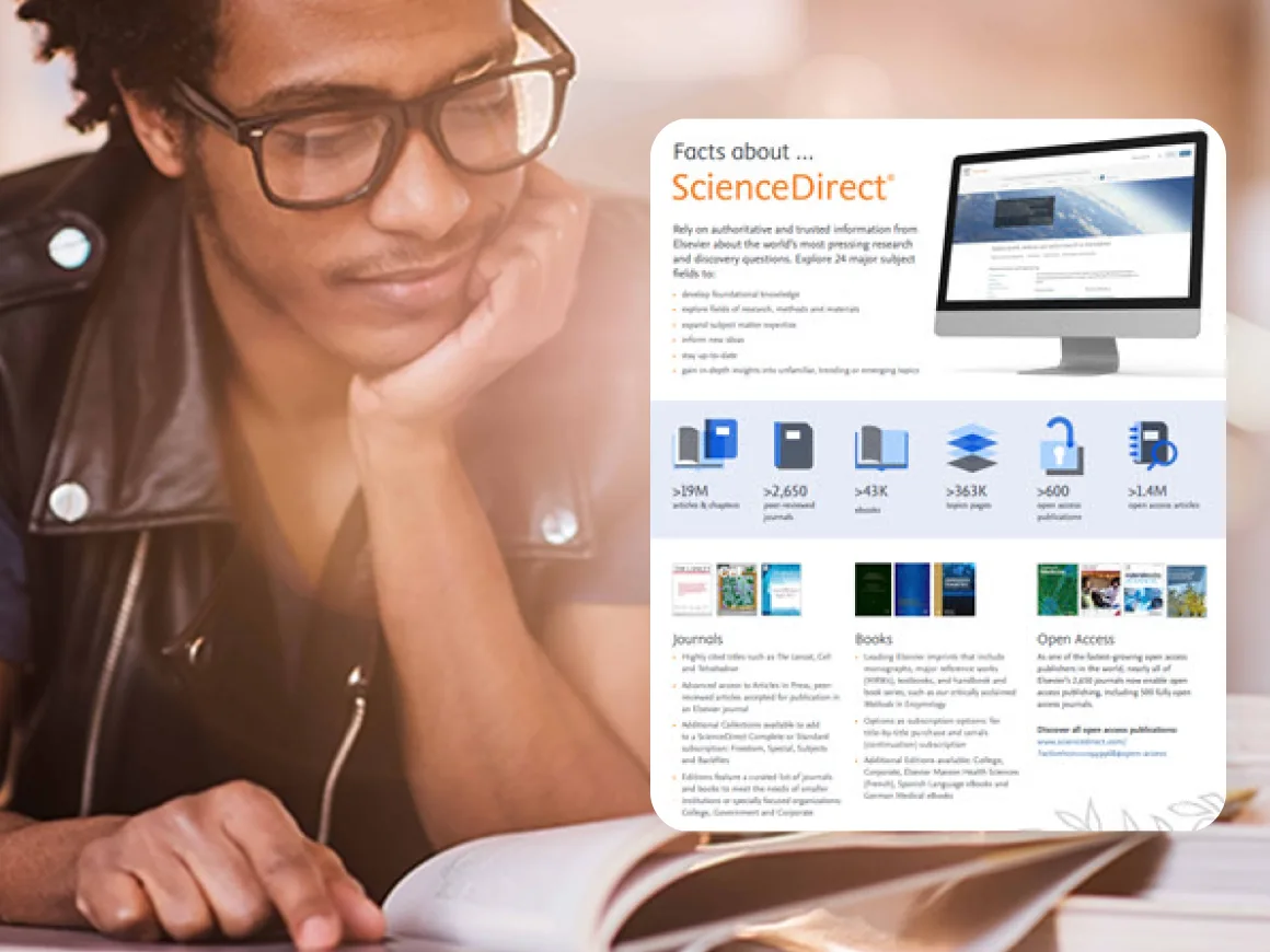 Man reading book with overlay of ScienceDirect factsheet