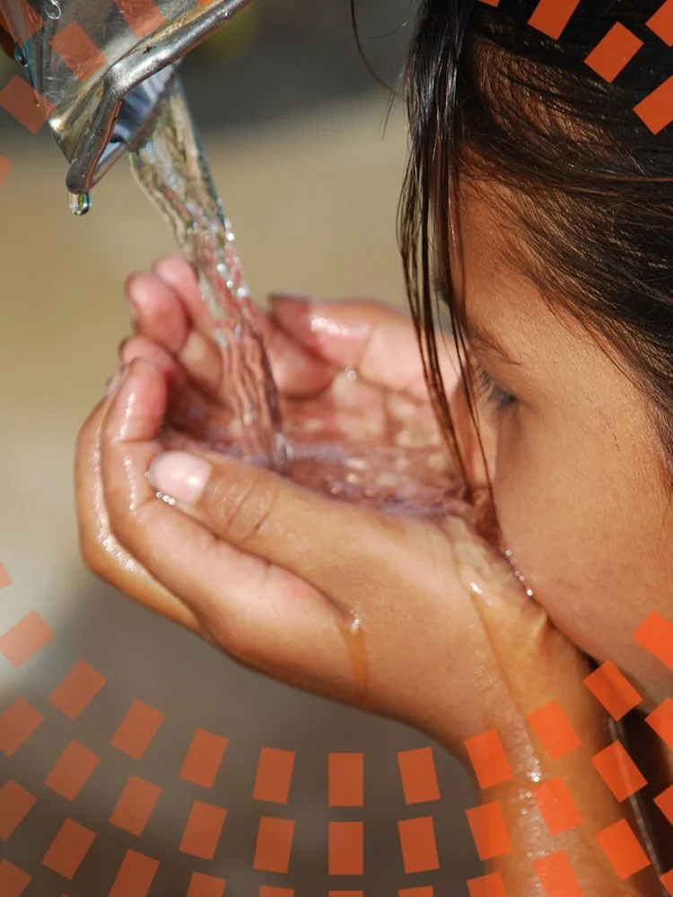 Small dark haired child drinking water using her hands