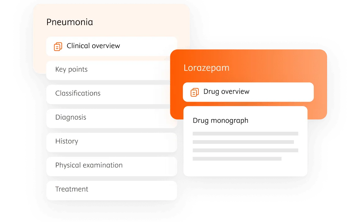 UI illustration of clinical overview for pneumonia and Lorazepam drug content