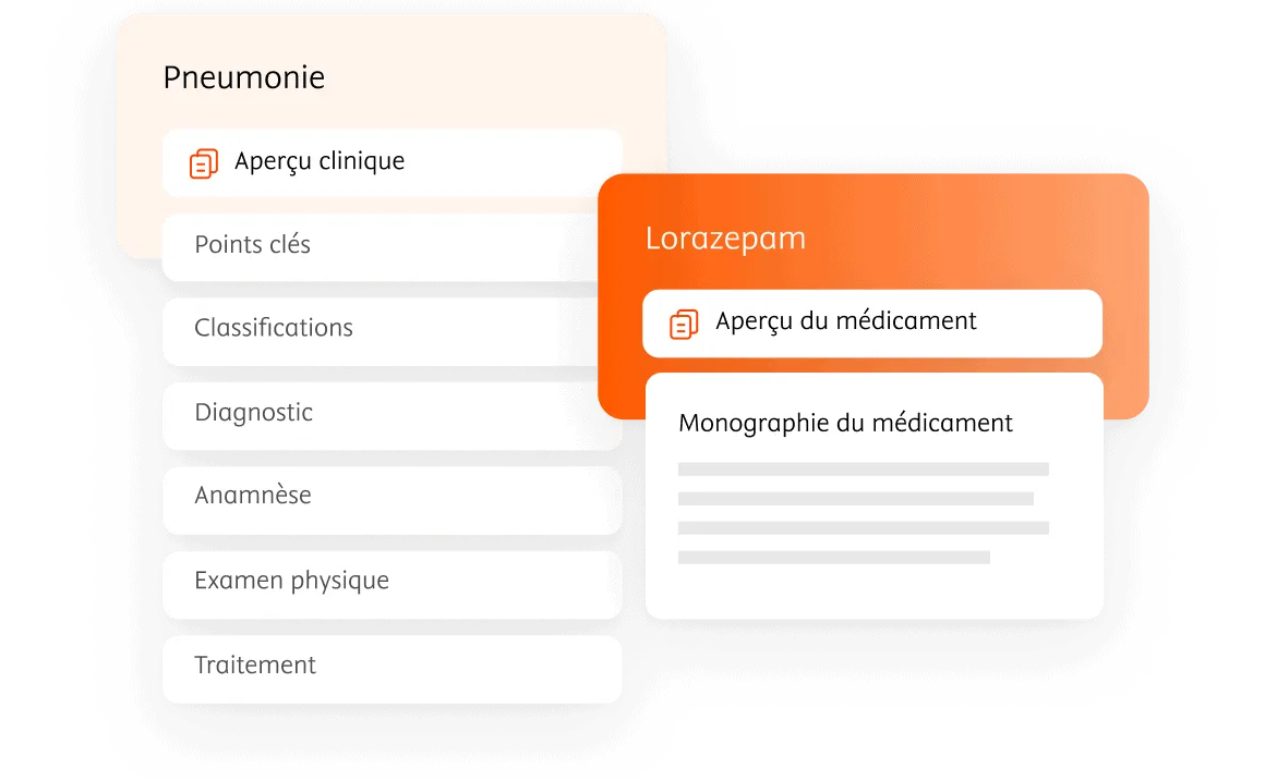 UI illustration of clinical overview for pneumonia and Lorazepam drug content