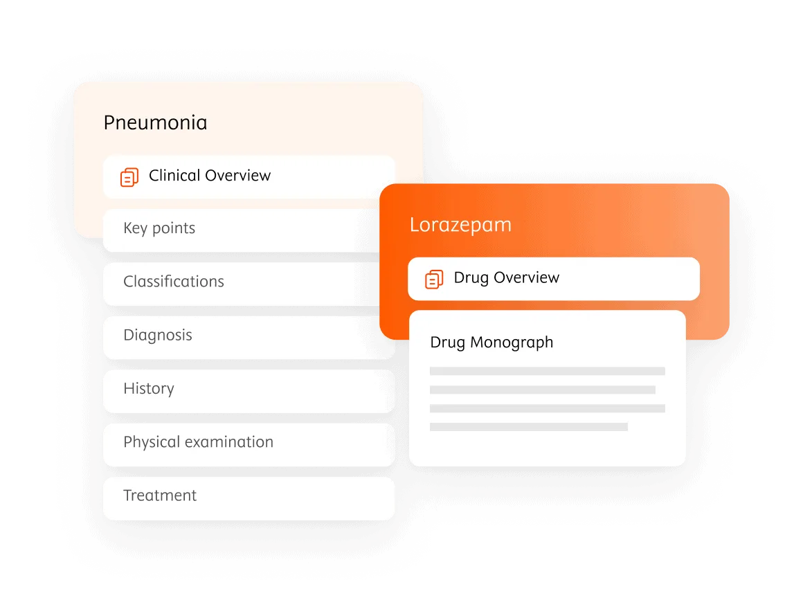 UI illustration of clinical overview for pneumonia and Lorazepam drug content