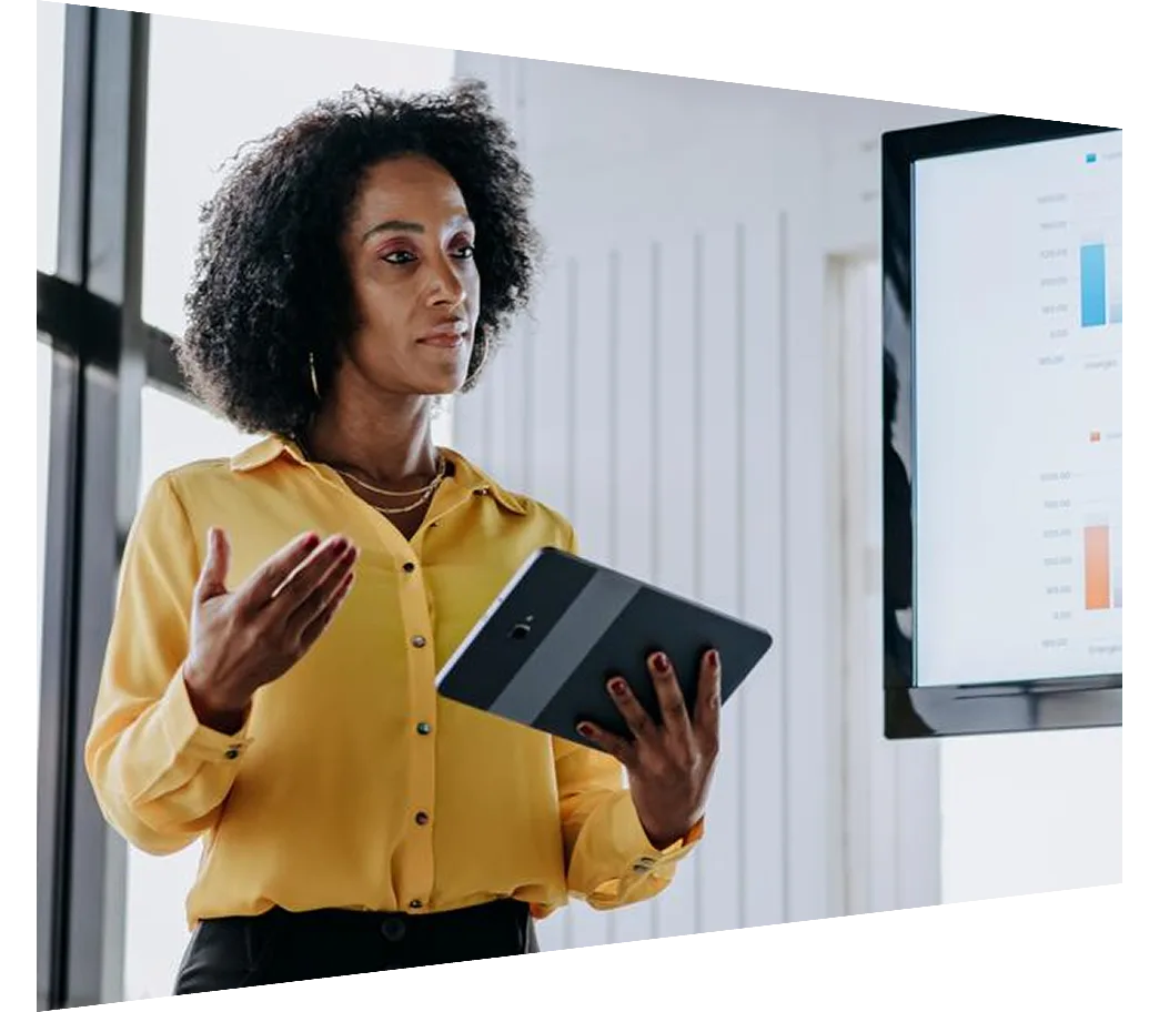 Business woman presenting financial results holding digital tablet