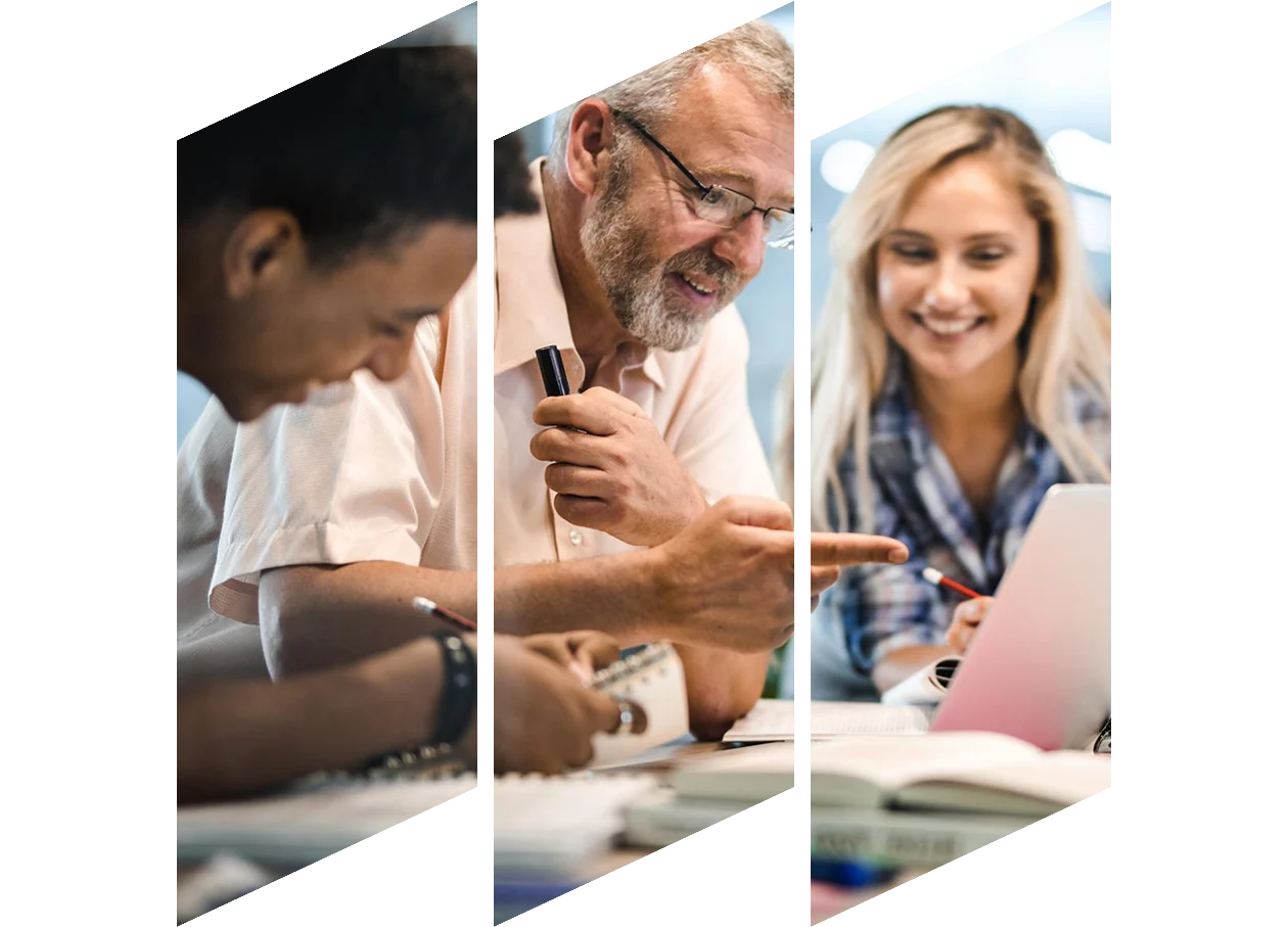 Happy mature professor and his students looking at a laptop on campus