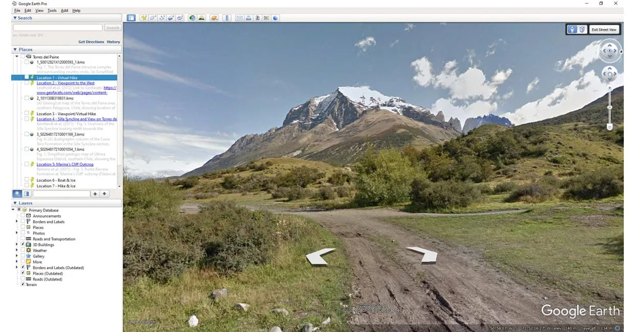 Geofacets screen with Google Earth StreetView of a mountain landscape