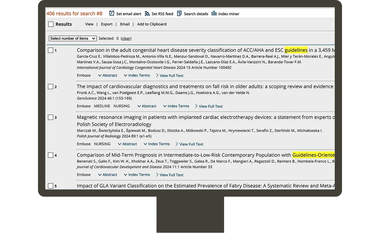 Embase list of search results