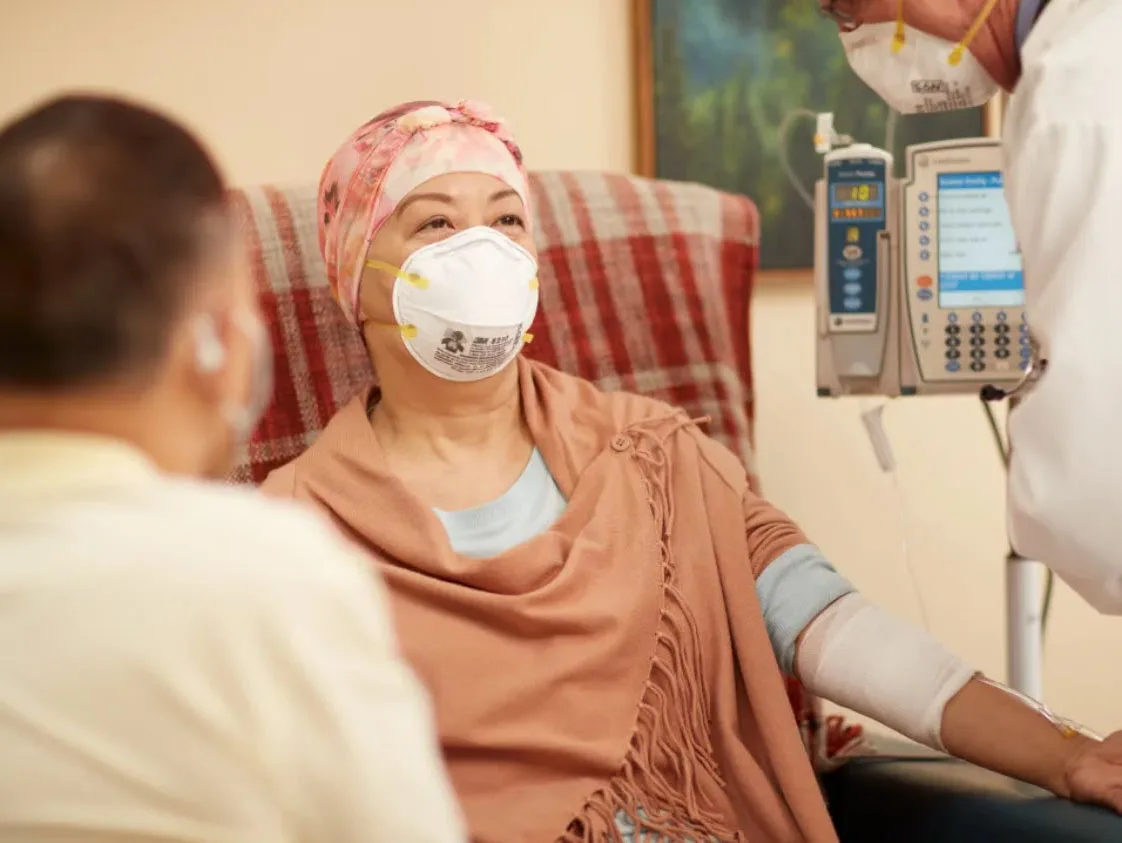 Patient wearing a facemask being treated