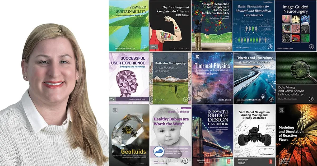 Photo of Victoria Pearson Esser with some of Elsevier book covers she has designed