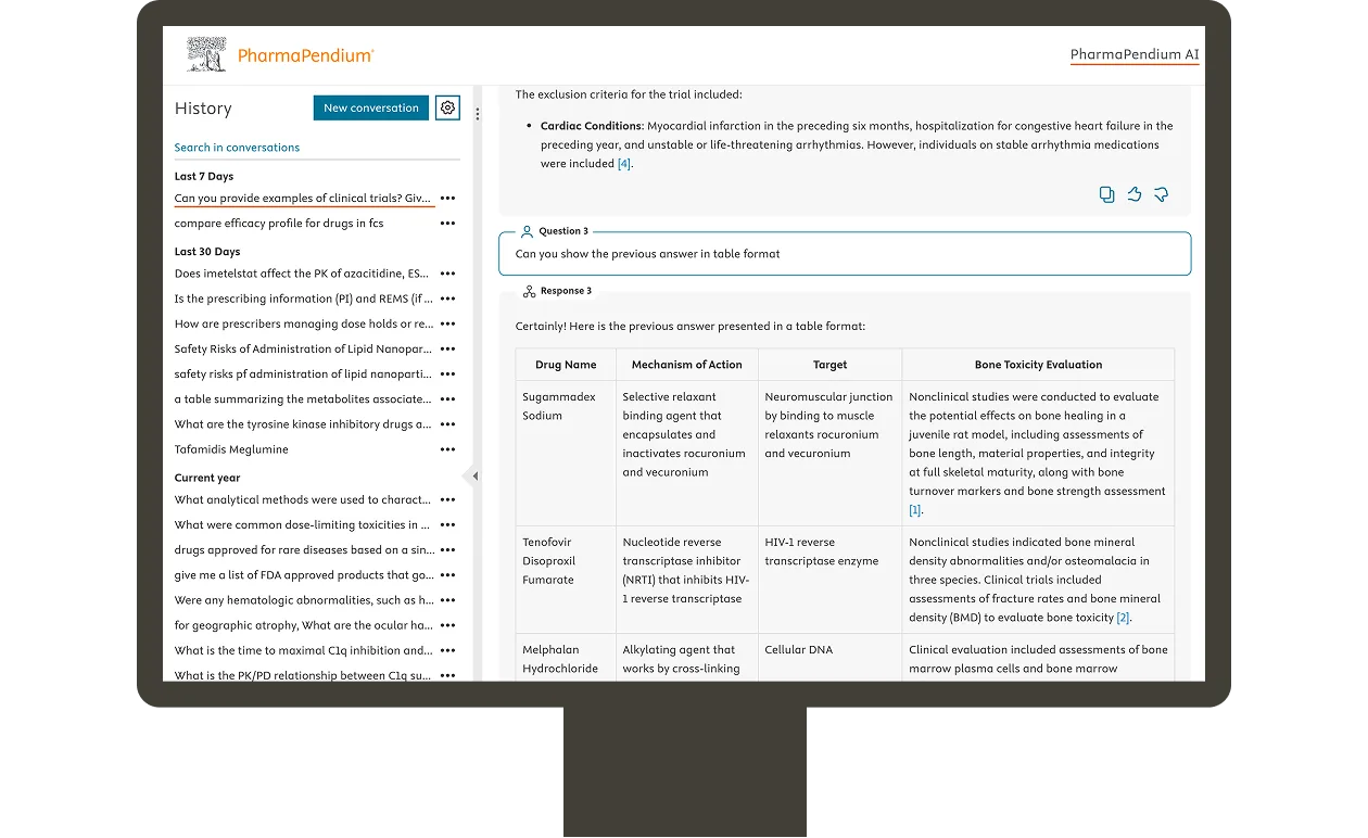Screenshot showing answers from regulatory documents in Pharmapendium