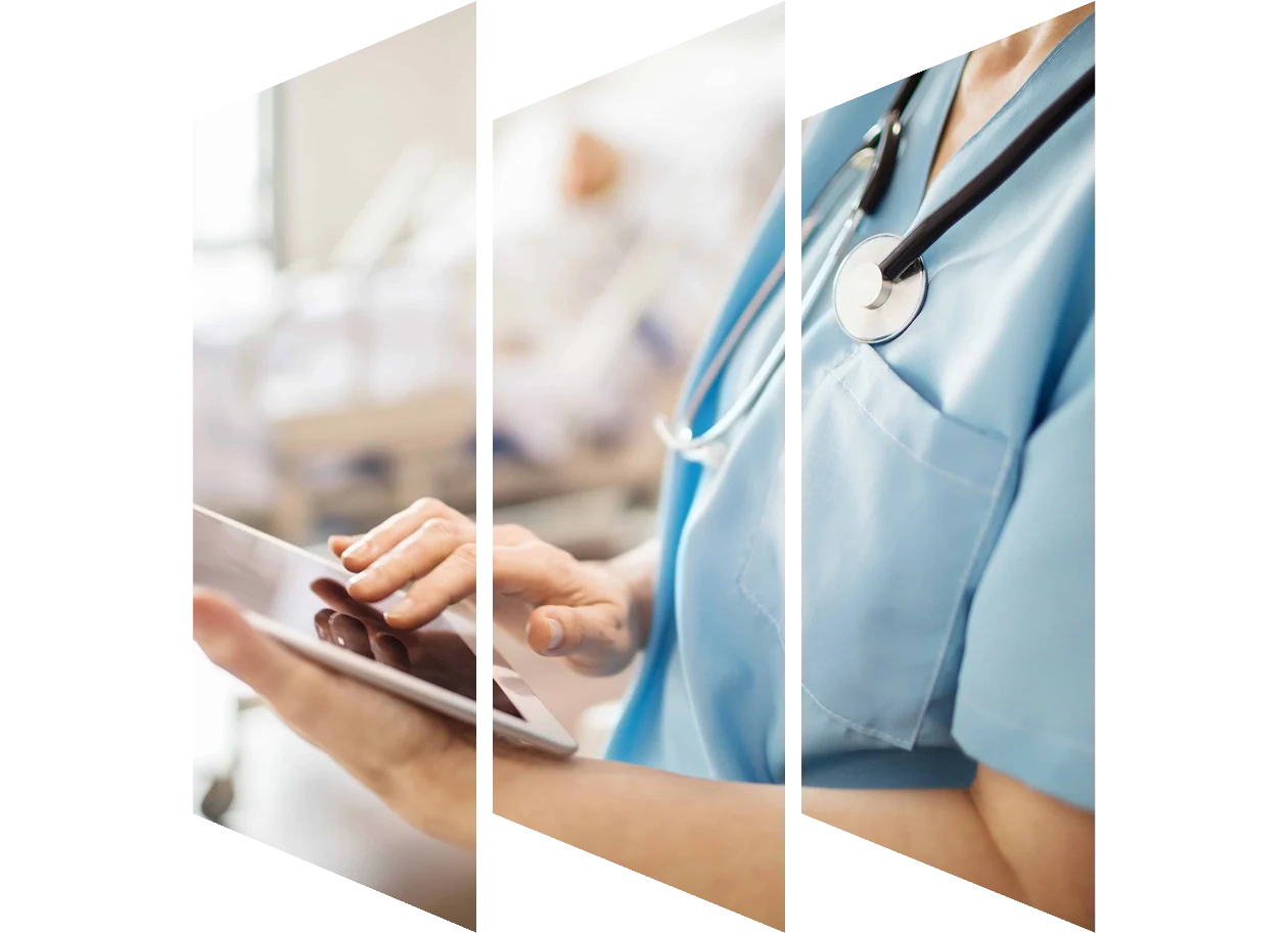 Midsection of nurse using digital tablet in a hospital