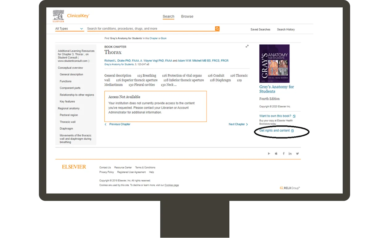 Screenshot showing 'Get rights and content' link in ClinicalKey Table of Contents (TOC) 