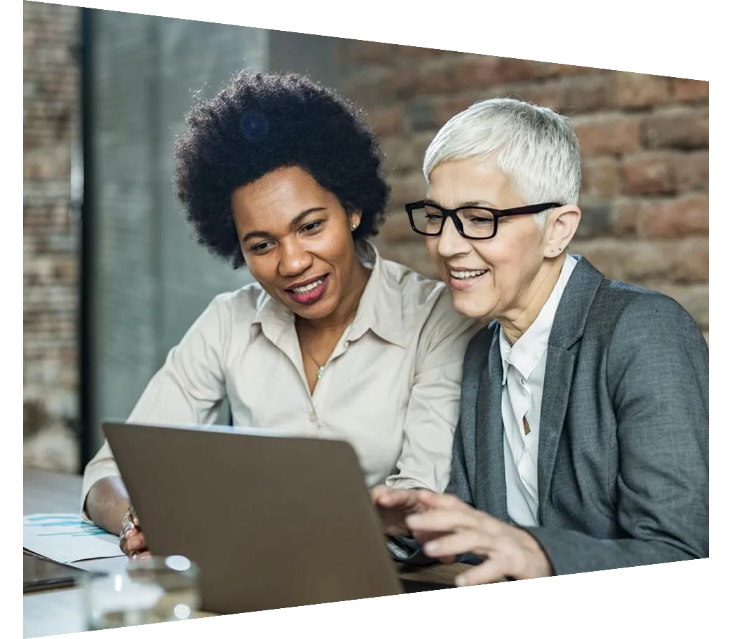 Happy businesswomen cooperating while working on a computer in the office