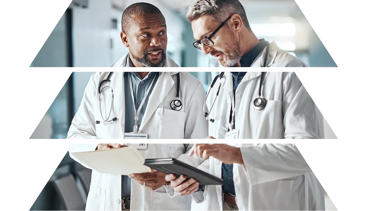 Doctors with folder and tablet brainstorming about healthcare and administration