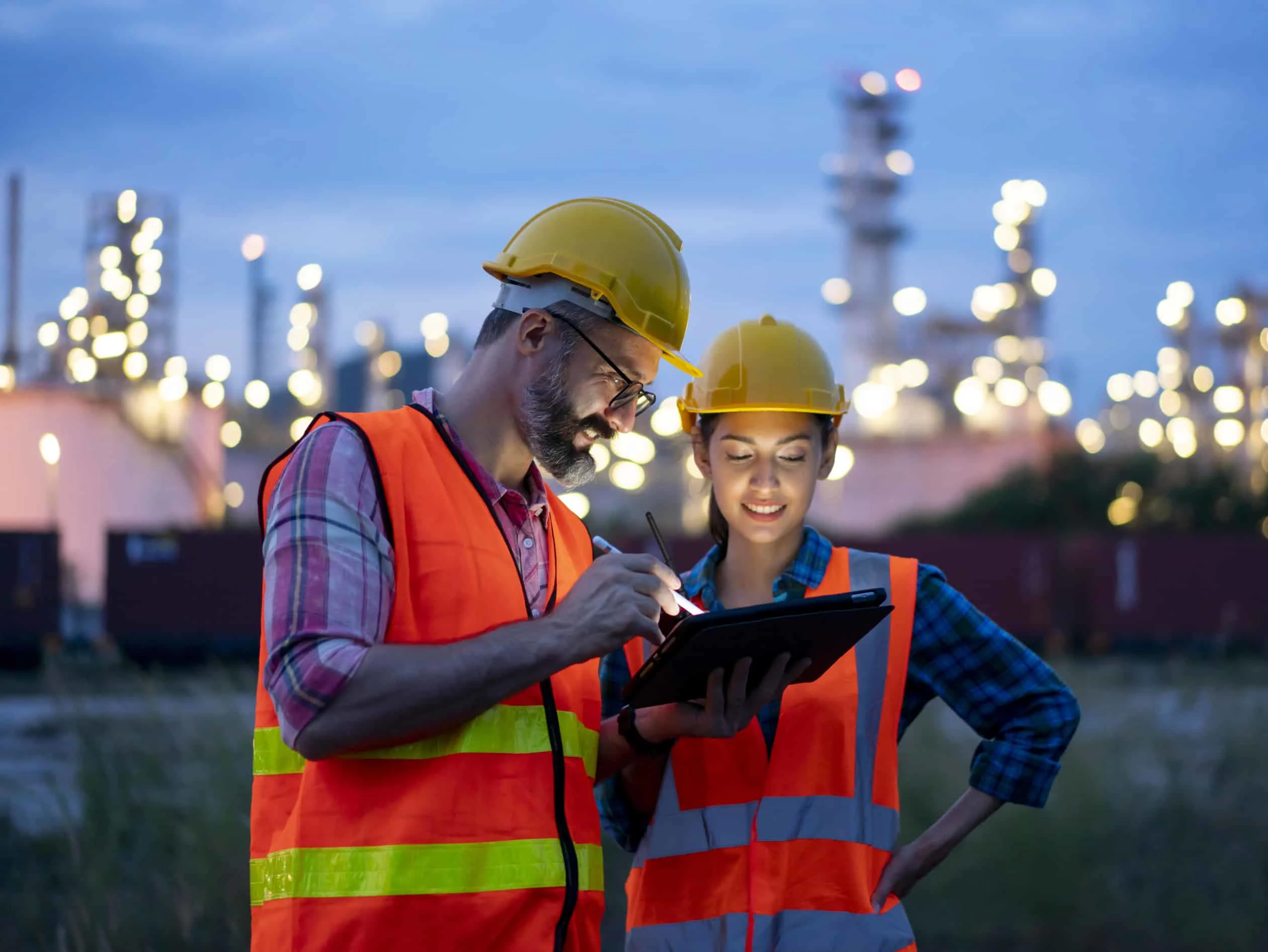 Two engineers in front of an oil refinery reading a tablet.